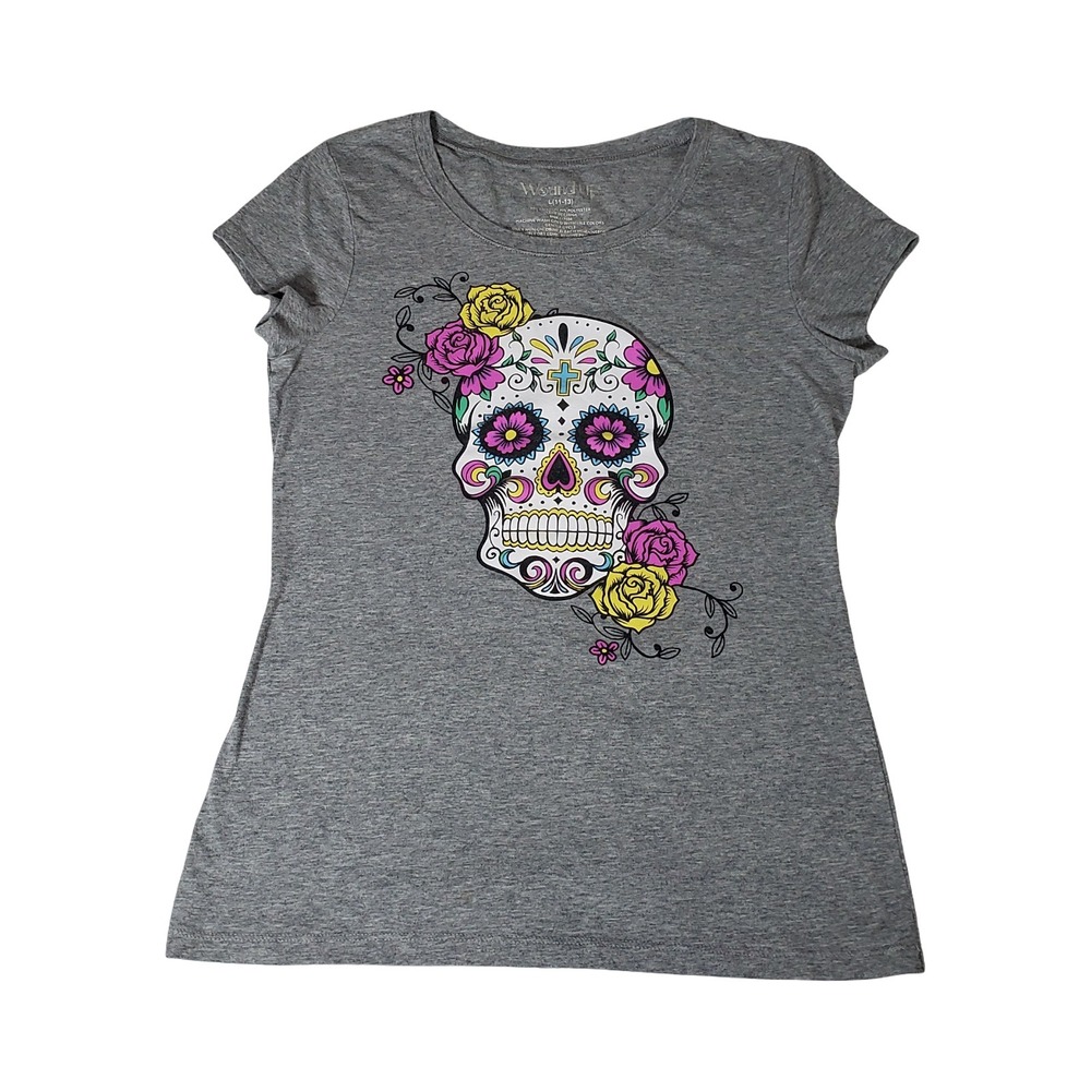 Wround Up Womens Sugar Skull Graphic Tee Heather Grey Short Sleeve L 11-13